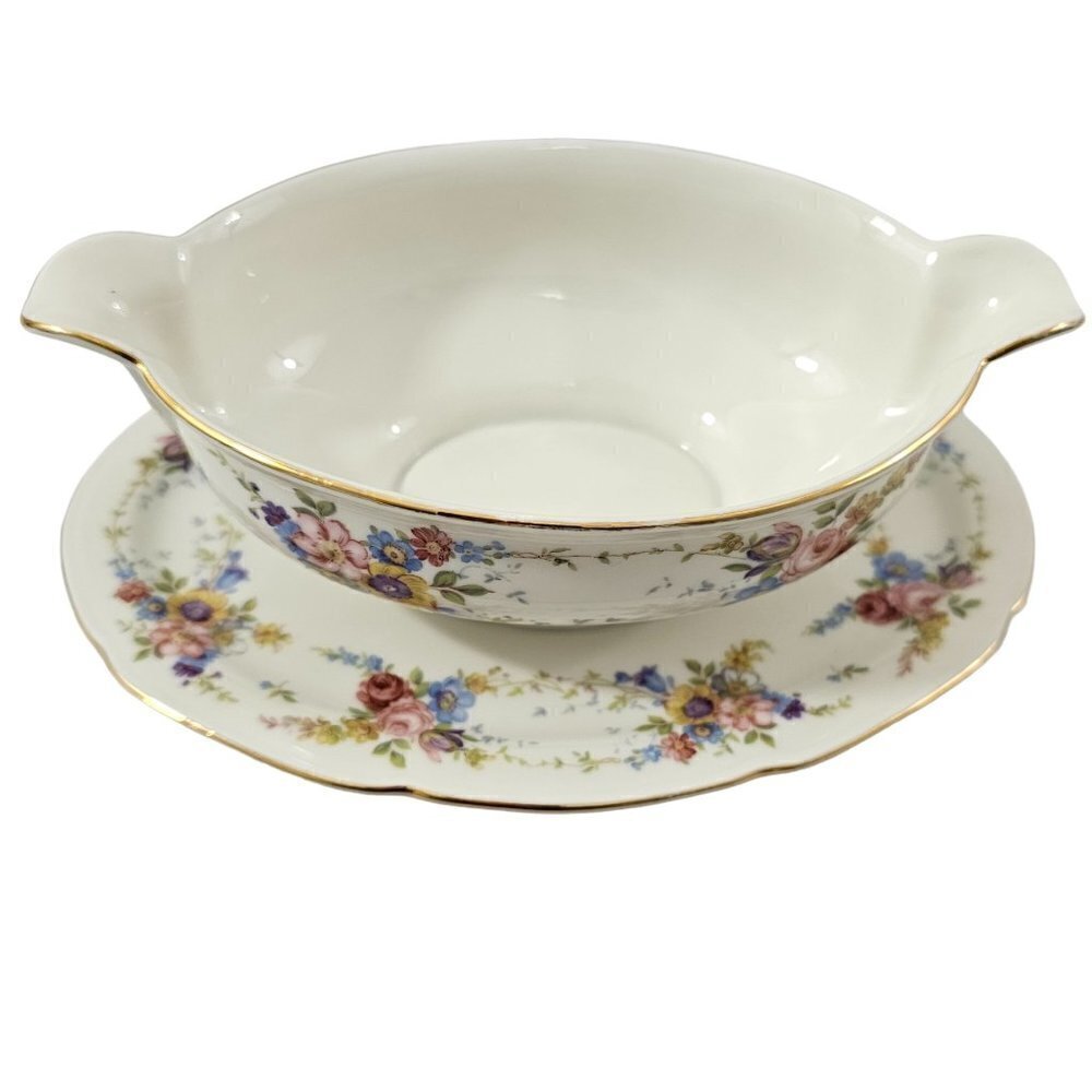 Imperial Bohemian Fine China Floral Print Gravy Boat w/Underplate Czechoslovakia